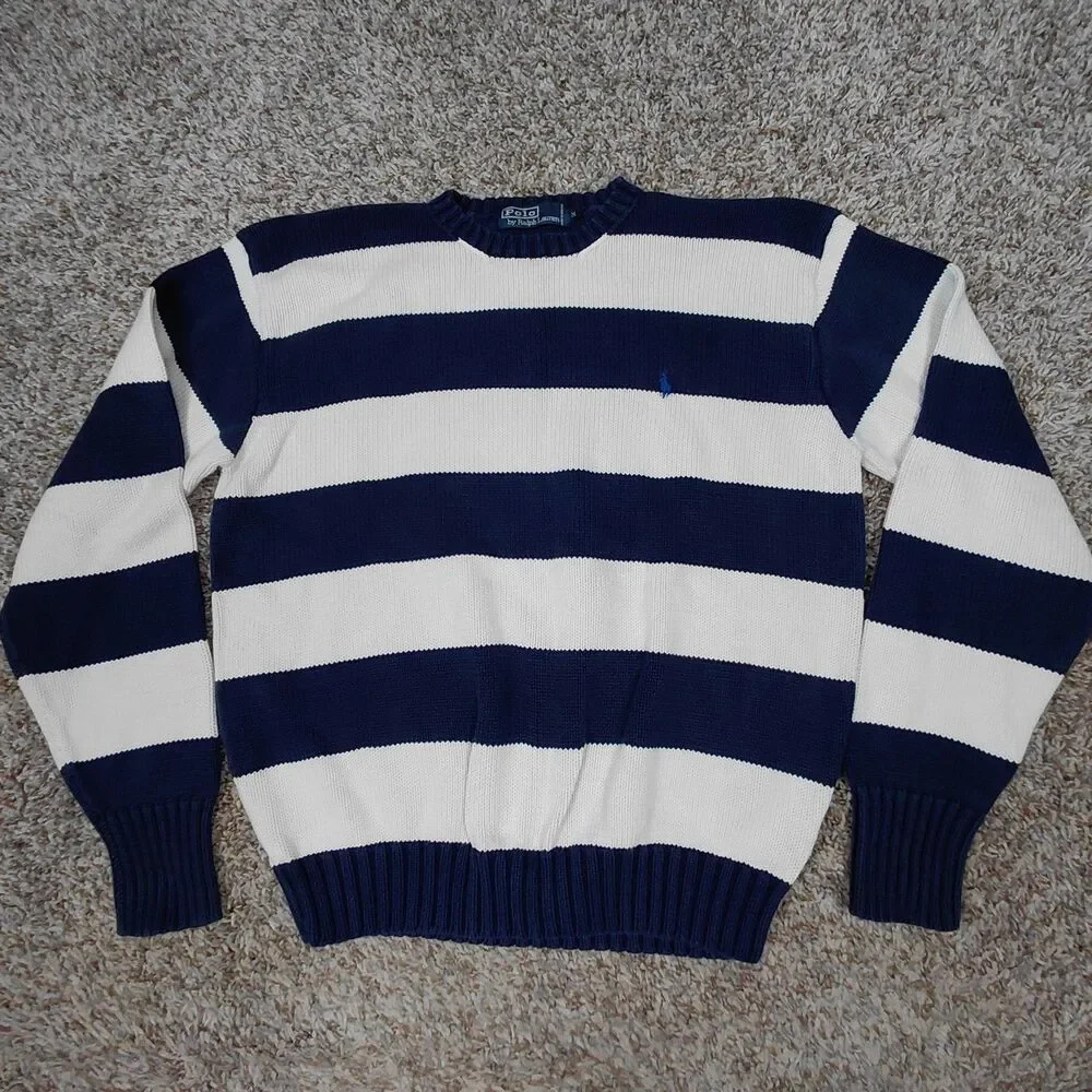 Vintage 90s Polo Ralph Lauren Sweater Mens Medium Blue White Stripe Chunky Knit